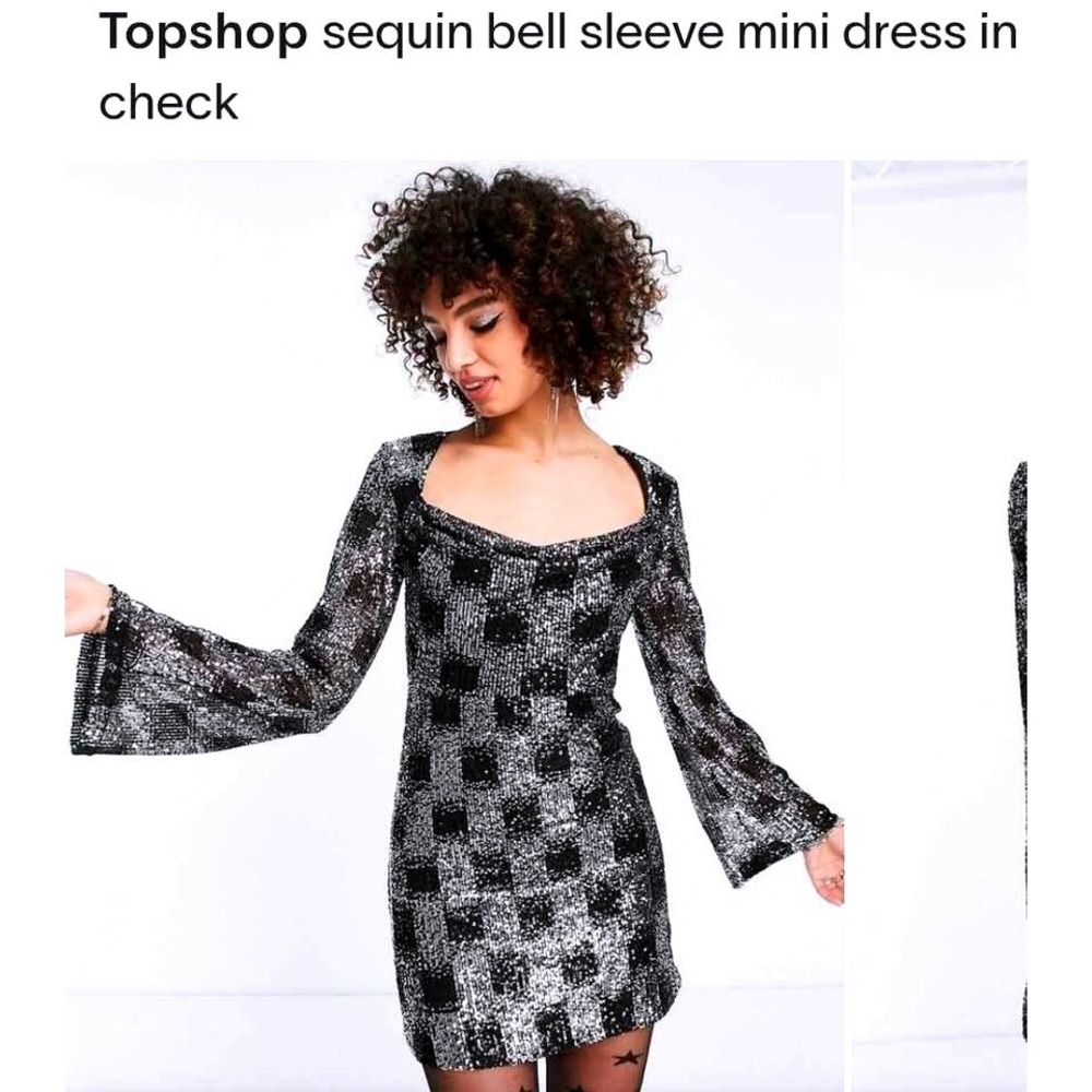 Topshop ~ Sequin Bell Sleeve Mini Dress ~ Silver Black Checkered Open Back~ US 8